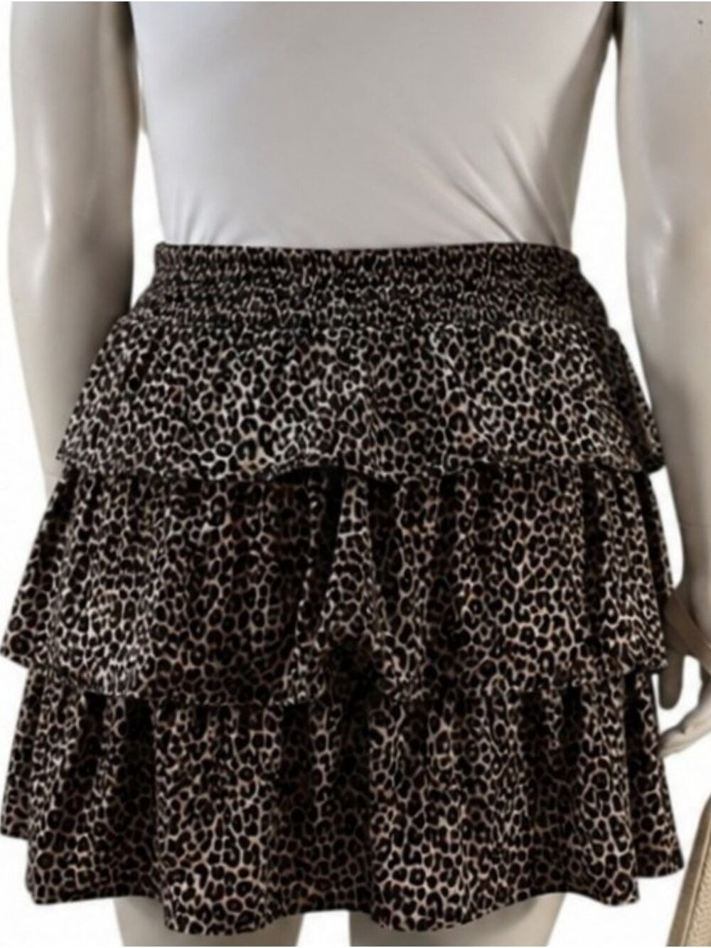 Leopard Tiered Ruffle Mini Skirt 2X Smocked Waist Mob Wife Western Glam NWT - Picture 4 of 10
